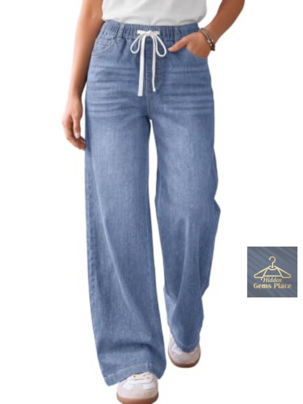 Wide Leg Jeans Stretchy Baggy Denim Pants Mid-Rise Drawstring